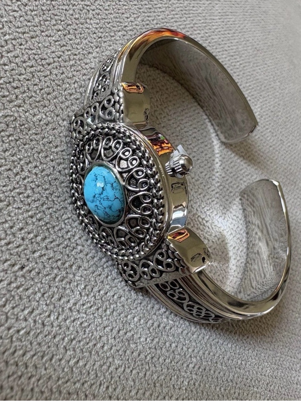 Vintage Silver Tone Cuff Bracelet Watch, Turquoise Color Stone, Southwest Style